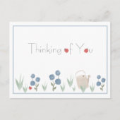 Dusty Blue Waterverf Floral Denking of You Briefkaart (Voorkant)