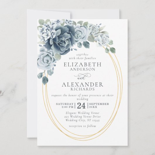 Dusty Blue Waterverf Floral Elegant Wedding Kaart (Voorkant)