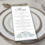 Dusty Blue Waterverf Floral Elegant Wedding Menu<br><div class="desc">Dit prachtige trouwmenu bevat een roestachtig boho-chic-ontwerp met een scriptkalligrafie-titel en een cluster van met de hand geschilderde waterverf rozen, bloesems en groen in tinten van stoffige blauw en sage green. De tekst is volledig aanpasbaar met ruimte voor de naam van het paar en de trouwdatum op de rug. Elegant,...</div>
