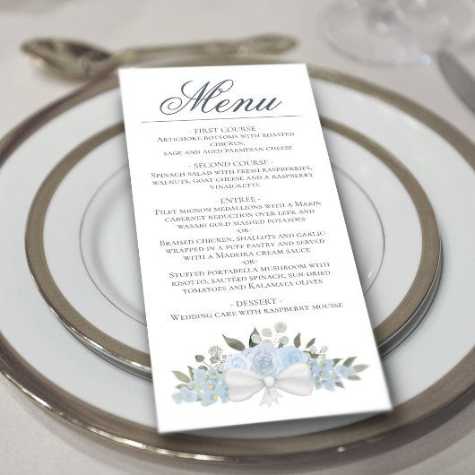 Dusty Blue Waterverf Floral Elegant Wedding Menu
