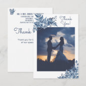 Dusty Blue Waterverf Floral Elegant Wedding Photo Bedankkaart (Voorkant / Achterkant)