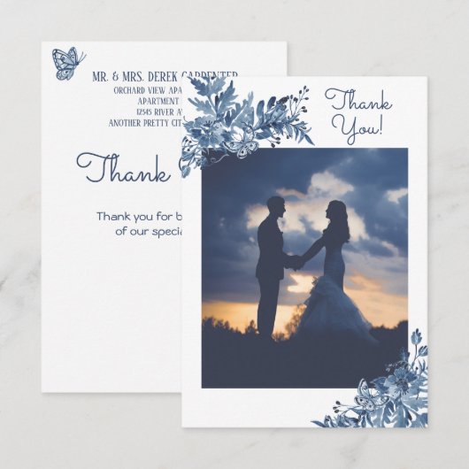 Dusty Blue Waterverf Floral Elegant Wedding Photo Bedankkaart (Voorkant / Achterkant)