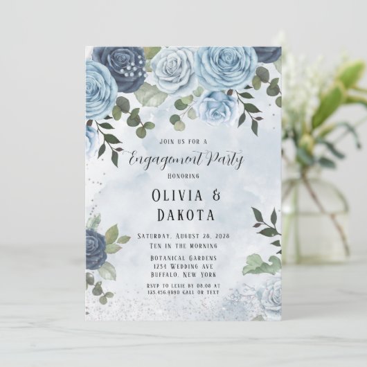 Dusty Blue Waterverf Floral Engagement Party Kaart (Staand voorkant)