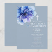 Dusty Blue Waterverf Floral First Holy Communion Kaart (Voorkant / Achterkant)