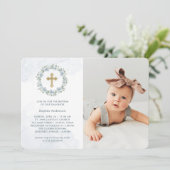  Dusty Blue Waterverf Floral Foto Baptisme Kaart (Staand voorkant)