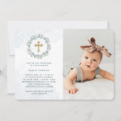  Dusty Blue Waterverf Floral Foto Baptisme Kaart (Voorkant)