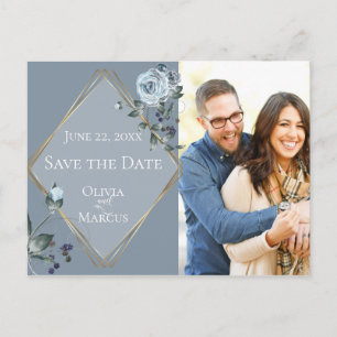 Dusty Blue Waterverf Floral Foto Save the Date Briefkaart