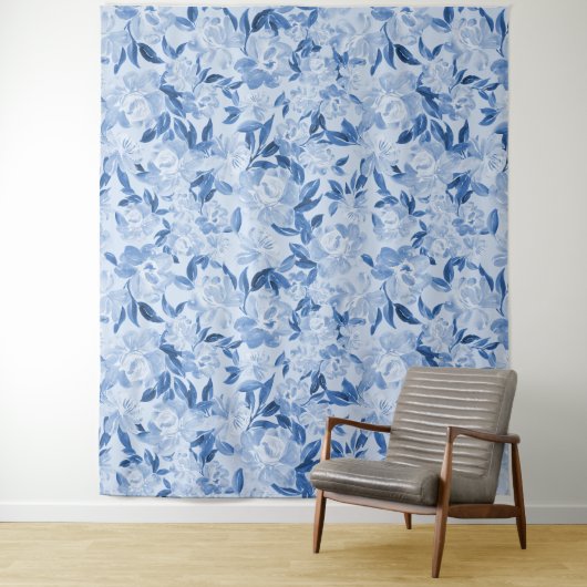Dusty Blue Waterverf Floral Fotocall Dropback Wandkleed (In situ)