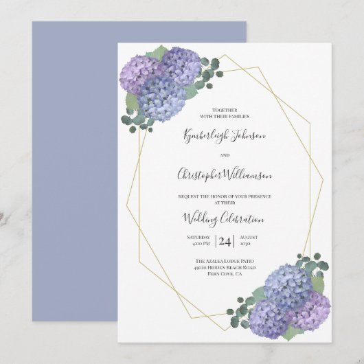 Dusty Blue Waterverf Floral Geometric Wedding Kaart (Voorkant / Achterkant)