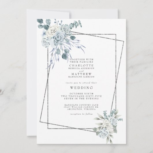 Dusty Blue Waterverf Floral Geometric Wedding Kaart (Voorkant)