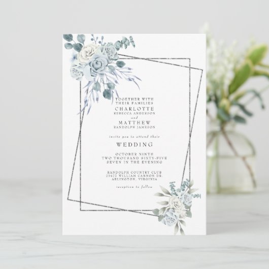 Dusty Blue Waterverf Floral Geometric Wedding Kaart (Staand voorkant)