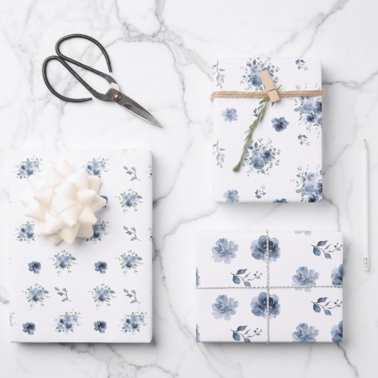 Dusty Blue Waterverf Floral Inpakpapier Vel (Voorkant)