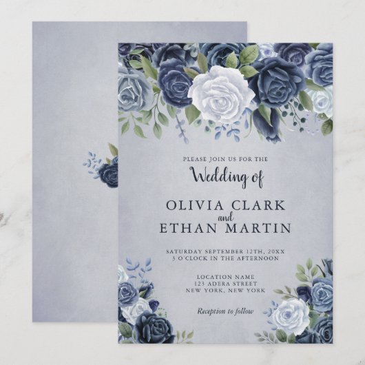 Dusty Blue Waterverf Floral Kaart (Voorkant / Achterkant)