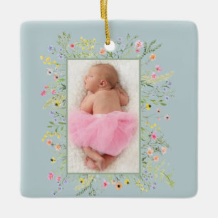 Dusty Blue Waterverf Floral Lijst Foto Keramisch Ornament