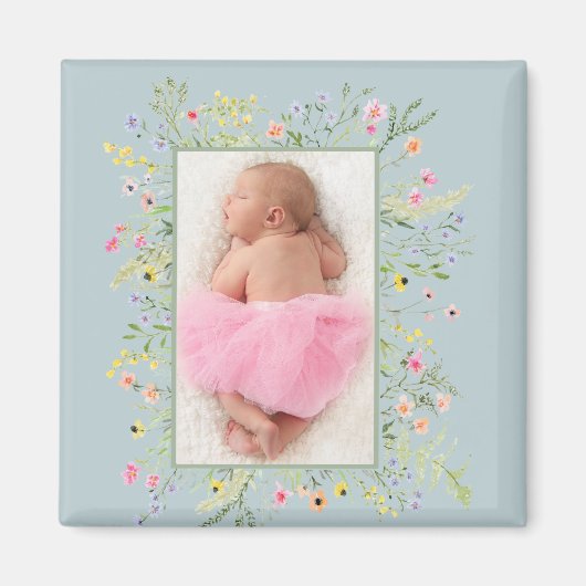 Dusty Blue Waterverf Floral Lijst Foto Magneet (Voorkant)