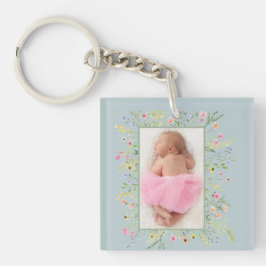 Dusty Blue Waterverf Floral Lijst Foto Sleutelhanger