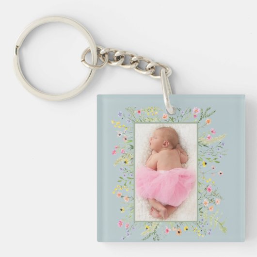 Dusty Blue Waterverf Floral Lijst Foto Sleutelhanger (voorkant)