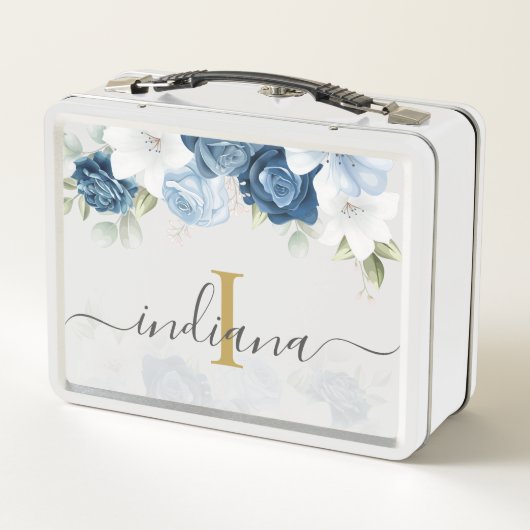 Dusty Blue Waterverf Floral Monogram Script naam (Achterkant)