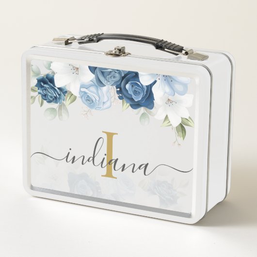 Dusty Blue Waterverf Floral Monogram Script naam (Voorkant)