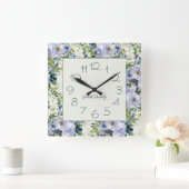Dusty Blue Waterverf Floral Name Kitchen Vierkante Klok (Huis)