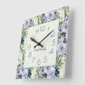 Dusty Blue Waterverf Floral Name Kitchen Vierkante Klok (Hoek)