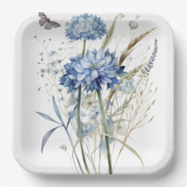 Dusty Blue Waterverf Floral Papieren Bordje