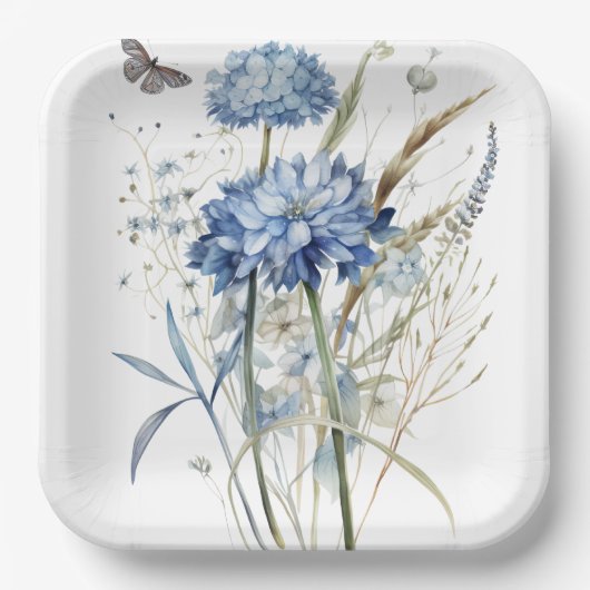 Dusty Blue Waterverf Floral Papieren Bordje (Voorkant)