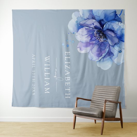 Dusty Blue Waterverf Floral Photo Booth Achtergron Wandkleed (In Situ (horizontaal))