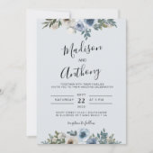 Dusty Blue Waterverf Floral Photo Wedding Kaart (Voorkant)