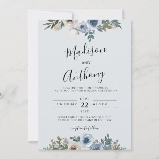 Dusty Blue Waterverf Floral Photo Wedding Kaart (Voorkant)
