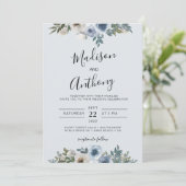 Dusty Blue Waterverf Floral Photo Wedding Kaart (Staand voorkant)