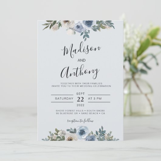 Dusty Blue Waterverf Floral Photo Wedding Kaart (Staand voorkant)