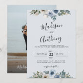 Dusty Blue Waterverf Floral Photo Wedding Kaart (Voorkant / Achterkant)