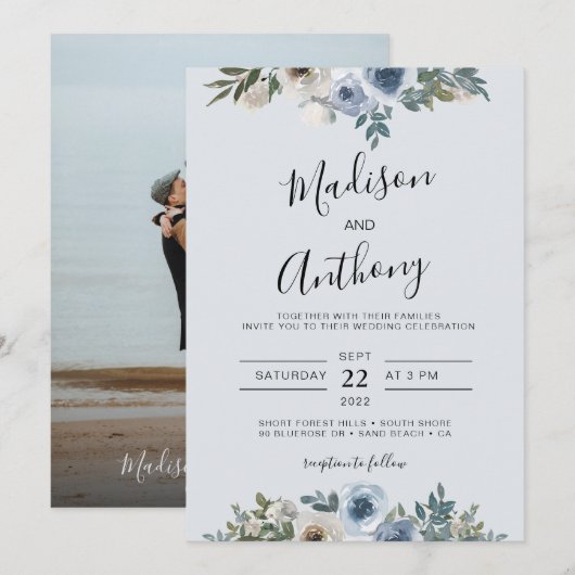 Dusty Blue Waterverf Floral Photo Wedding Kaart (Voorkant / Achterkant)