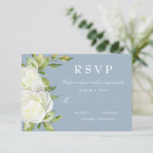 Dusty Blue Waterverf Floral Pioen Bruiloft RSVP (Staand voorkant)