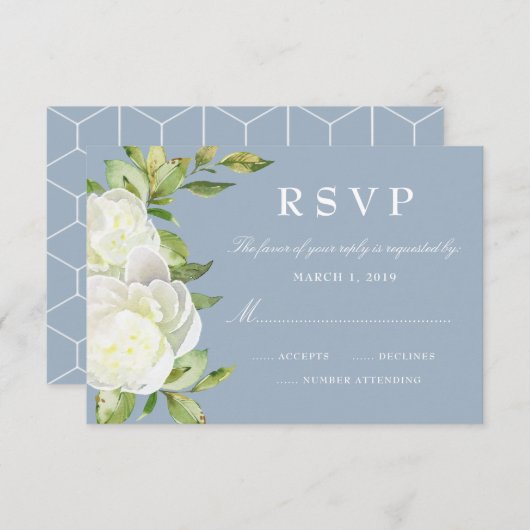 Dusty Blue Waterverf Floral Pioen Bruiloft RSVP (Voorkant / Achterkant)