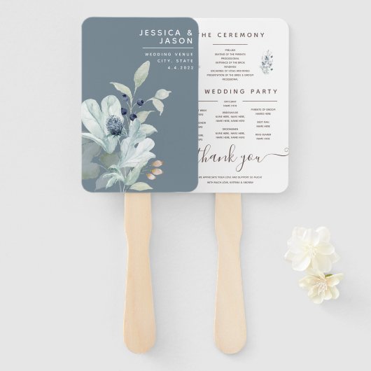 Dusty Blue Waterverf Floral Program Fans Handwaaier (Voorkant en achterkant)