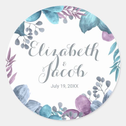 Dusty Blue Waterverf Floral Ronde Sticker (Voorkant)