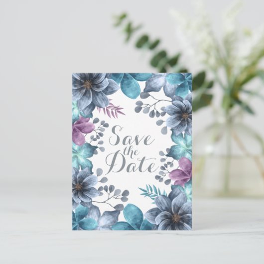 Dusty Blue Waterverf Floral Save the Date Briefkaart (Staand voorkant)