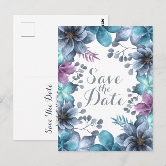Dusty Blue Waterverf Floral Save the Date Briefkaart (Voorkant / Achterkant)