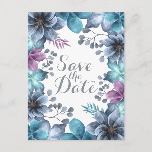 Dusty Blue Waterverf Floral Save the Date Briefkaart (Voorkant)