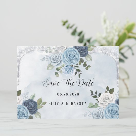 Dusty Blue Waterverf Floral sla de datumkaarten op Kaart (Staand voorkant)