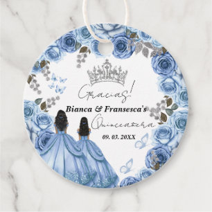 Dusty Blue Waterverf Floral Twin Quinceañera Bedankjes Labels