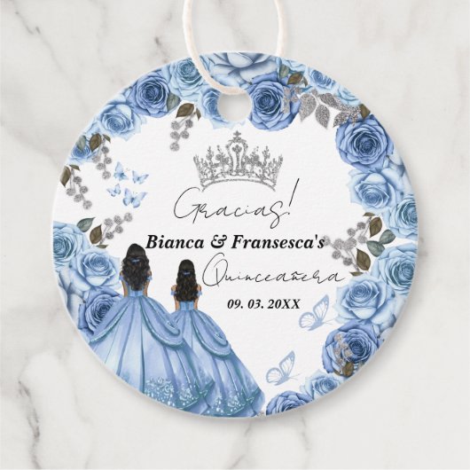 Dusty Blue Waterverf Floral Twin Quinceañera Bedankjes Labels (Voorkant)