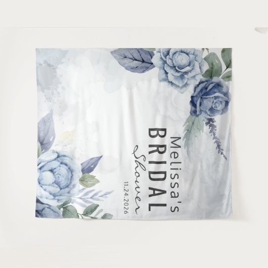 Dusty Blue Waterverf Floral Typografie Wandkleed (Voorkant (horizontaal))