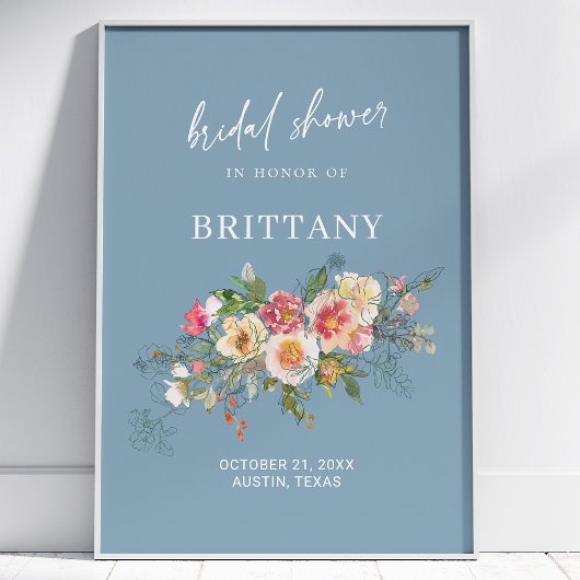 Dusty Blue Waterverf Floral Vrijgezellenfeest Welk Poster