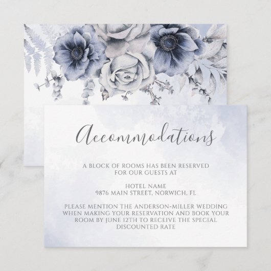 Dusty Blue Waterverf Floral Wedding Accommodatie Informatiekaartje (Voorkant / Achterkant)