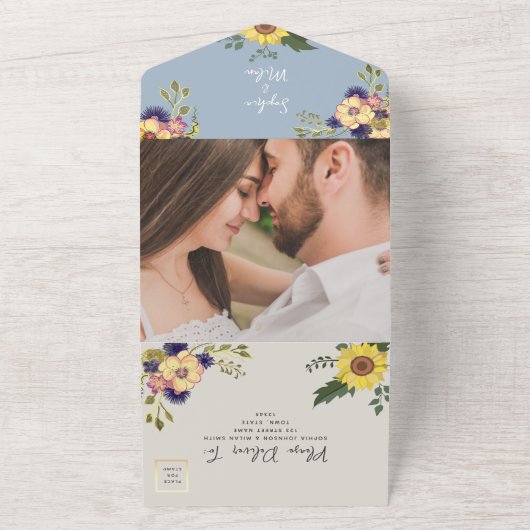 Dusty Blue Waterverf Floral Wedding All In One Uitnodiging (Buitenkant)