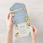 Dusty Blue Waterverf Floral Wedding All In One Uitnodiging (Afscheurbaar)