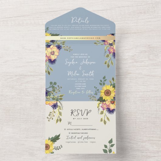 Dusty Blue Waterverf Floral Wedding All In One Uitnodiging (Binnen)